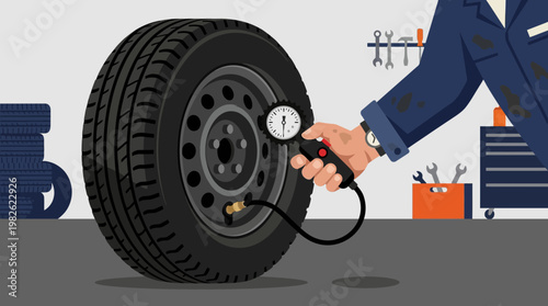 Man inflating car tire with gauge.