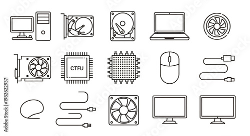 Collection of technology device icons and electronics outline illustrations.