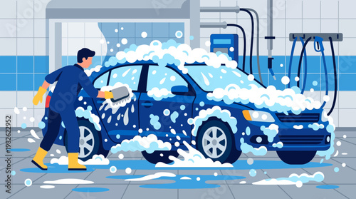 Man washing blue car with soap.