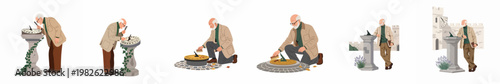 Illustration series of an elderly gentleman examining, cleaning, and posing next to various historical sundials in an outdoor garden or castle setting.