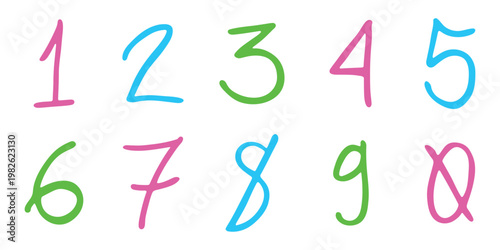 Hand drawn colorful numbers 1 2 3 4 5 6 7 8 9 0 Stylish brush painted numbers doodle Count, math, kids education