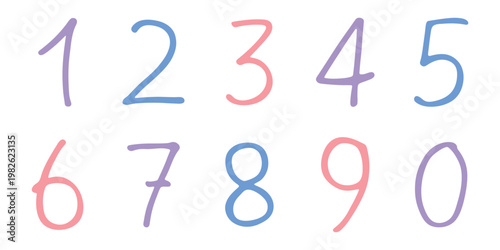 Hand drawn colorful numbers 1 2 3 4 5 6 7 8 9 0 Stylish brush painted numbers doodle Count, math, kids education