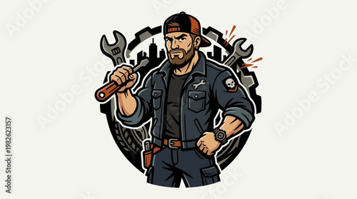 Mechanic Holding Large Adjustable Wrench Tool.