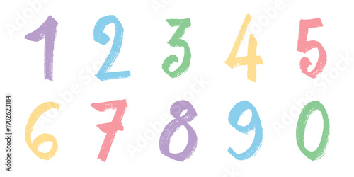 Hand drawn colorful numbers 1 2 3 4 5 6 7 8 9 0 Stylish brush painted numbers doodle Count, math, kids education
