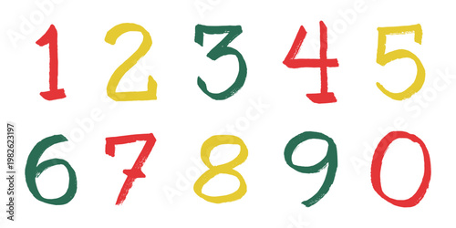 Hand drawn colorful numbers 1 2 3 4 5 6 7 8 9 0 Stylish brush painted numbers doodle Count, math, kids education