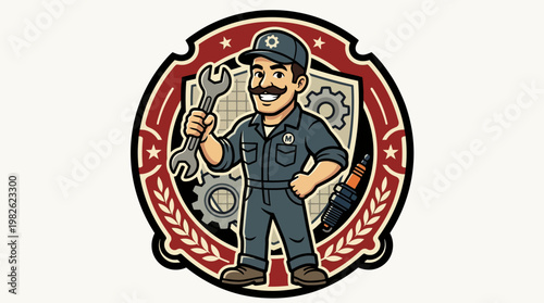 Mechanic Holding Wrench Smiling Cartoon Character.