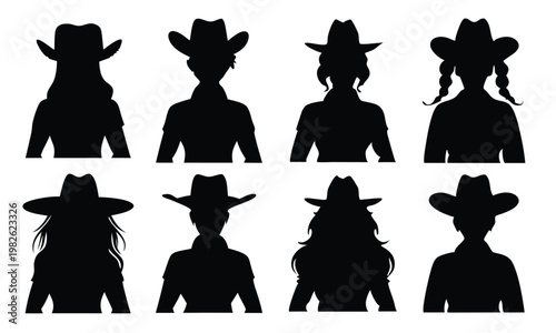  cowgirl portrait in cowboy hat silhouettes set isolated flat 