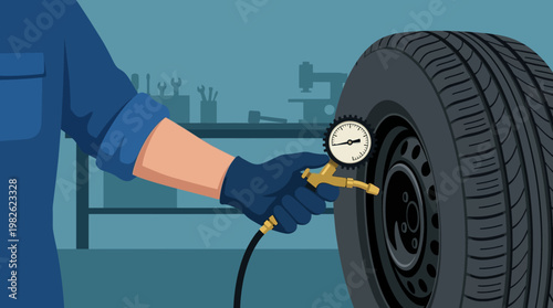 Mechanic inflating car tire with gauge.