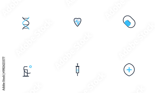 Set of simple medical icons featuring a dna helix heart monitor pill iv bag syringe and shield.