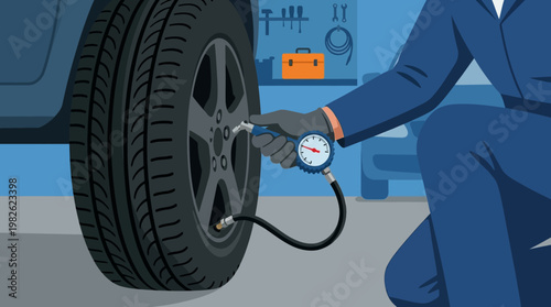 Mechanic inflating car tire with gauge.