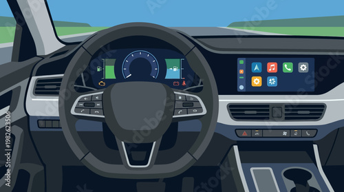 Modern car steering wheel and dashboard.