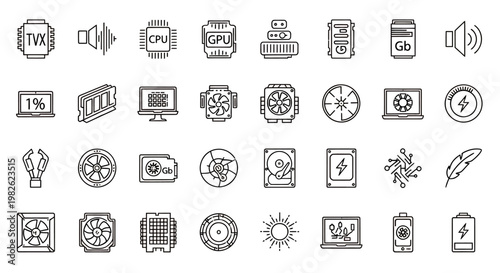 Collection of grayscale line icons depicting diverse everyday objects and actions.