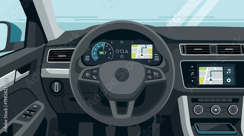 Modern car steering wheel dashboard.