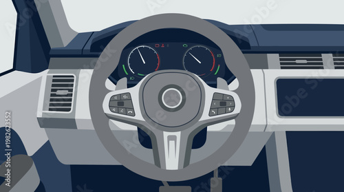 Steering Wheel of a Car Interior.