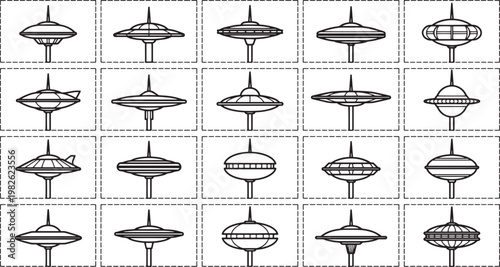 Intricate illustration of numerous tops on display, offering a study of design and form, perfect for projects requiring a touch of detail and visual interest.