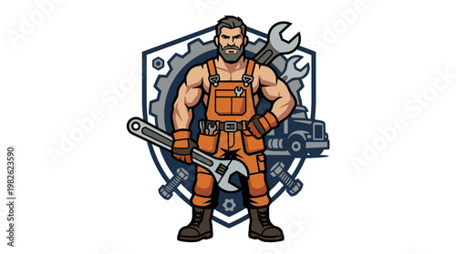 Muscular man in orange overalls holding wrench.