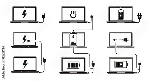 Vector outlines of battery and charging icons for laptops, chargers, and power indicators in technology imagery.