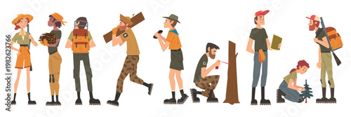 male and female forest rangers working in forest set 