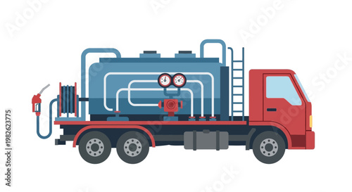 A fuel service truck with detailed piping is shown in profile view on a plain background.