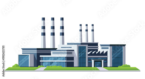 A modern industrial factory complex features six tall striped chimneys emitting white smoke above sleek blue glass buildings situated on a manicured green lawn.