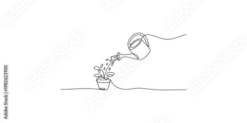 Continuous line drawing of a watering can pouring water on a potted plant gardening