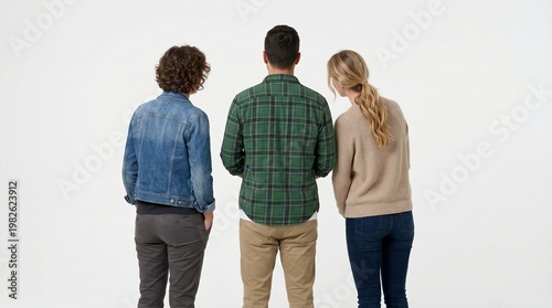 Three people standing and looking at something seen from back angle, isolated on white background