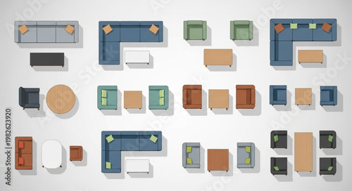 Top view of various furniture arrangements and styles.