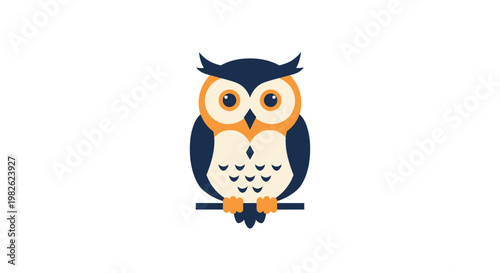 A colorful flat illustration of an owl mascot sitting on a branch