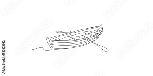 A simple line drawing of a small boat with oars on calm water rowing
