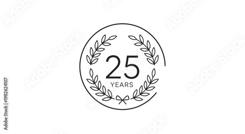 Flat design logo celebrating twenty five years milestone with laurel wreath and ribbon