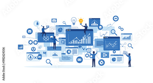 A comprehensive digital ecosystem illustration showcases various blue interface windows and data charts being managed by small professional figures.