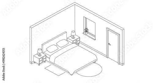 A clean black and white isometric line art illustration depicts a modern bedroom layout including a large bed flanked by two functional nightstands.