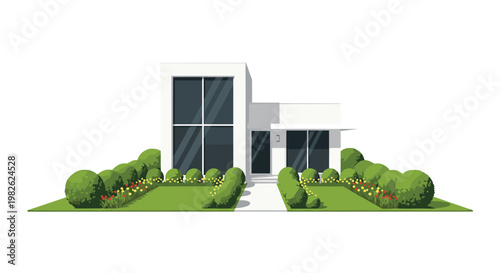 A pristine white minimalist house stands elegantly behind a perfectly symmetrical garden featuring lush rounded green bushes and colorful flowering plants.