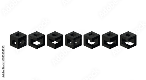 Row of seven dark grey three dimensional cubes displays unique circular and square perforations through their solid structures on a plain white surface.