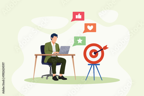 Marketer Working On Campaign Target Goals. Digital Marketing Concept. Vector graphic illustration