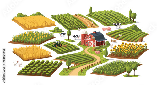 Collection of modular isometric farming elements includes a red barn and green tractor alongside various patches of wheat sunflowers and vegetable crops.