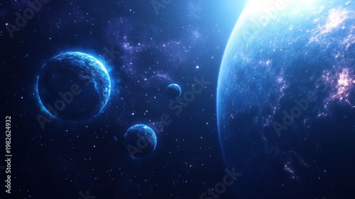 Cosmic space scene featuring multiple planets in a dark galaxy