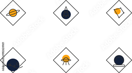 Collection of simple hand drawn space icons featuring planets ufo and satellites in diamonds