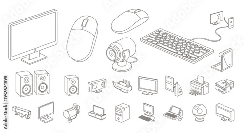 Collection of technology and gadget icons featuring computer equipment, peripherals, and various electronic devices.
