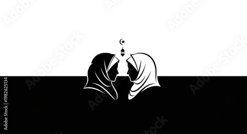 Two women in hijab facing each other with a symbol above.