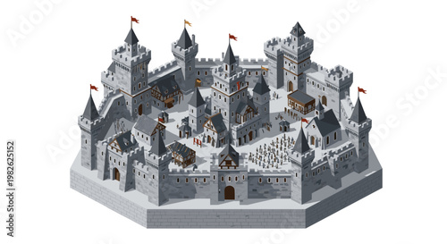 An intricate isometric illustration of a sprawling medieval stone castle featuring numerous fortified towers and red flags flying from the highest grey spires.