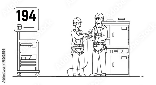 Two workers in safety harnesses checking equipment near a cabinet.
