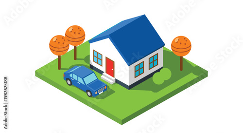 A vibrant isometric scene of a white house with a blue roof situated on a lush green lawn with orange trees and a car parked in the front driveway.