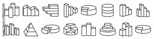 Set of financial icons line style. Bars, graph, chart, infographic, diagram elements.
