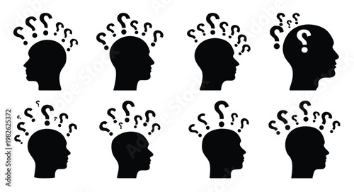 multiple human head silhouettes are surrounded by numerous 