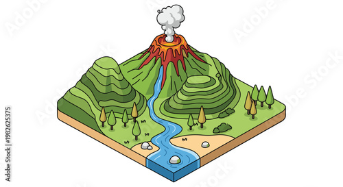 Active volcanic mountain with rising smoke and flowing lava stands prominently within a green landscape featuring a winding blue river and pine trees.