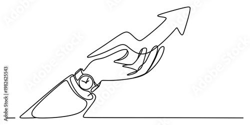 A single line drawing of a business hand with a watch holding an upward pointing growth arrow sign Vector, illustration