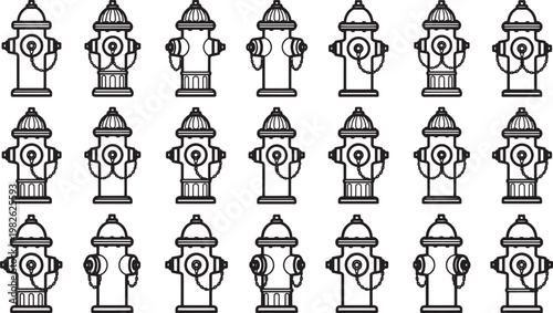 A repetitive grid of fire hydrants.