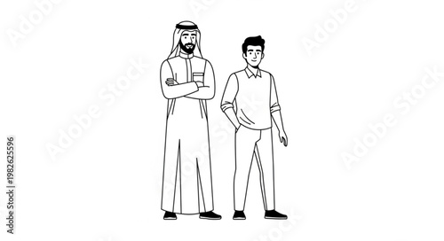 Two men standing side by side in traditional attire, looking forward.