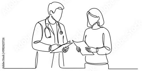 A continuous line drawing depicting a medical doctor discussing health records with a patient Vector, illustration